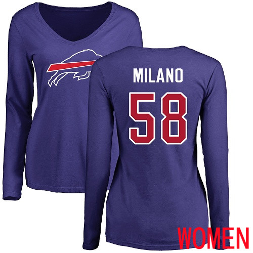 NFL Women Buffalo Bills #58 Matt Milano Royal Blue Name and Number Logo Long Sleeve T Shirt